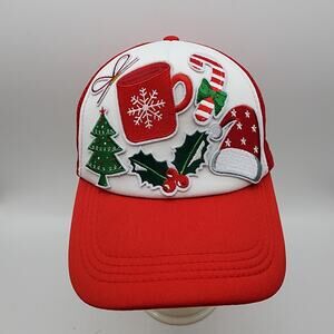 Christmas Theme Trucker Hat Cap Red White Candy Cane Mistletoe Hot Cocoa Festive